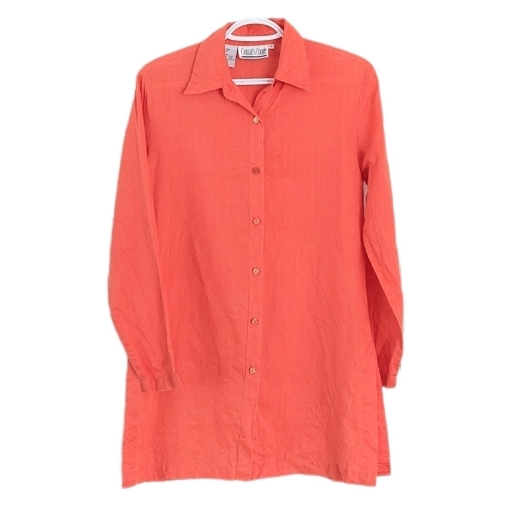 Carlie's Court 100% linen coral red button down shirt blouse small @G